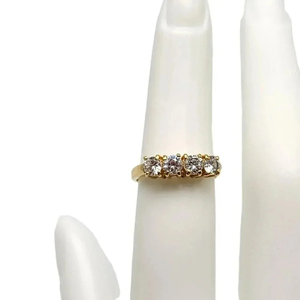 Clear Rhinestone Four Stone Gold Plated Vintage Cocktail Ring Size 5 Vintage